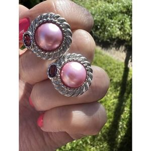 Judith Ripka Sterling 925 Pink Faux Pearl & Pink Crystal Omega Back Earrings